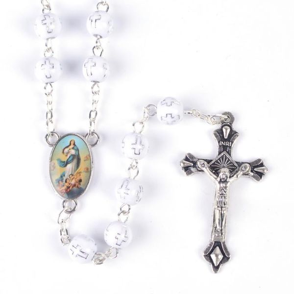 trendy catholic white round acrylic beads immaculate conception rosary necklace, Silver
trendy catholic white round acrylic beads immaculate conception rosary necklace, Silver