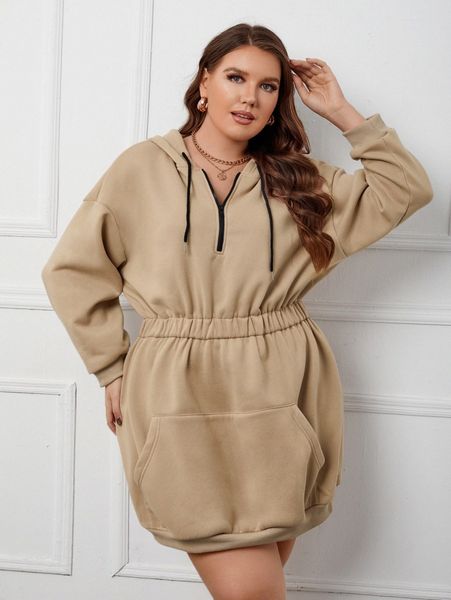 plus kangaroo pocket drop shoulder drawstring thermal hoodie dress x9am#, Black