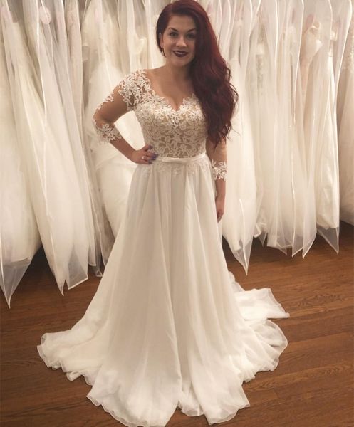 3/4 long sleeve chiffon wedding dresses sweep train lace appliques beads v-neck simple charming long wedding dress for women brides, White
3/4 long sleeve chiffon wedding dresses sweep train lace appliques beads v-neck simple charming long wedding dress for women brides, White