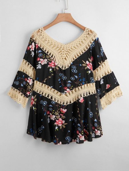 plus floral print contrast crochet cover up n9sz#, Black 
plus floral print contrast crochet cover up n9sz#, Black