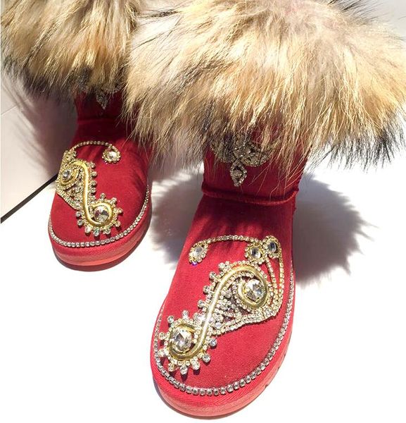 2020 winter new golden diamond plus velvet fur shoes real leather tassel diamond diy custom snow boots women's boots, Black