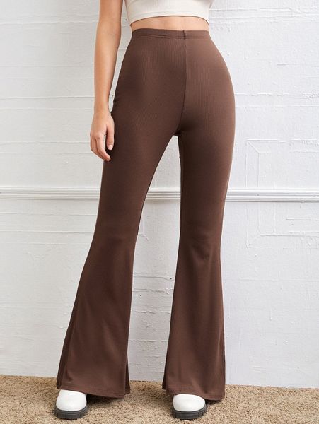 ribbed knit high waist flare leg pants f0la#, Black;white