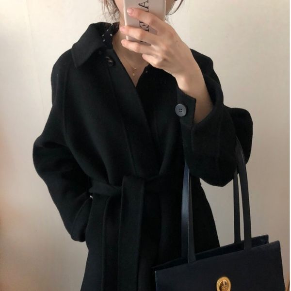 large size women's for fall/winter new style long-sleeved jacket with lapel and belt design, Black