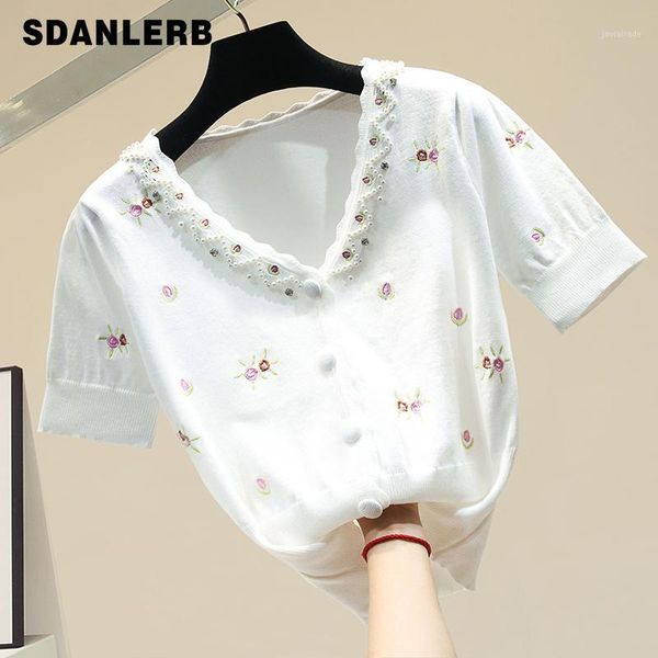 women's t-shirt knitted white flowers embroidery beaded v-neck short sleeve female summer crop ladies knit t shirt1
women's t-shirt knitted white flowers embroidery beaded v-neck short sleeve female summer crop ladies knit t shirt1