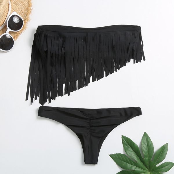 2020 new solid split bikini flat breasted tassel triangle women's swimsuit, White;black
2020 new solid split bikini flat breasted tassel triangle women's swimsuit, White;black
