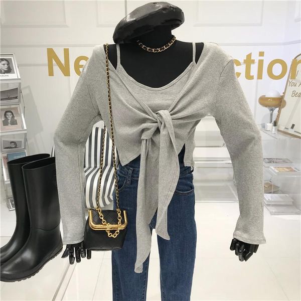 2020 autumn new loose wild strap short cardigan solid color bottoming strap temperament two-piece jacket women, Gray
2020 autumn new loose wild strap short cardigan solid color bottoming strap temperament two-piece jacket women, Gray