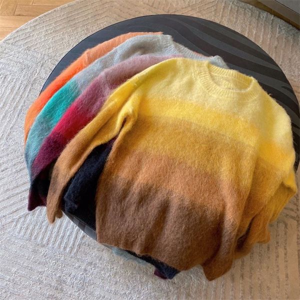 woman colorful striped mohair wool blend sweater long sleeves fashion drop shoulder oversized knitted jumper 201221, White;black 
woman colorful striped mohair wool blend sweater long sleeves fashion drop shoulder oversized knitted jumper 201221, White;black
