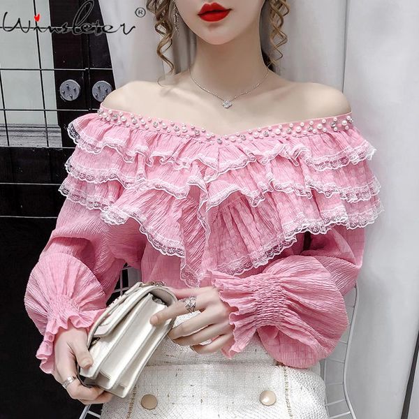 women's blouses & shirts spring fall korean style blouse fashion beading patchwork lace ruffles women ropa mujer flare sleeve shir, White
women's blouses & shirts spring fall korean style blouse fashion beading patchwork lace ruffles women ropa mujer flare sleeve shir, White
