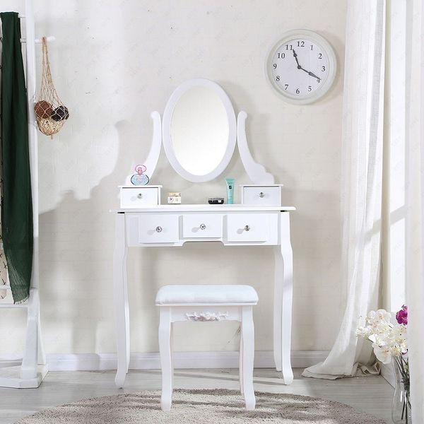 360° Rotation Single Mirror 5 Drawers Dressing Table White