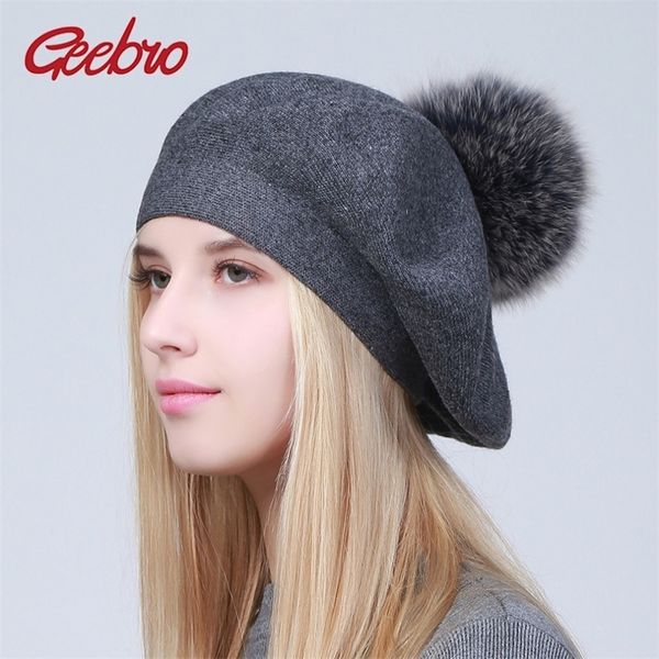 geebro women berets hat winter casual knitted wool berets with natural raccoon fur pompon ladies solid color beret hats gs109 y200102, Blue;gray
geebro women berets hat winter casual knitted wool berets with natural raccoon fur pompon ladies solid color beret hats gs109 y200102, Blue;gray