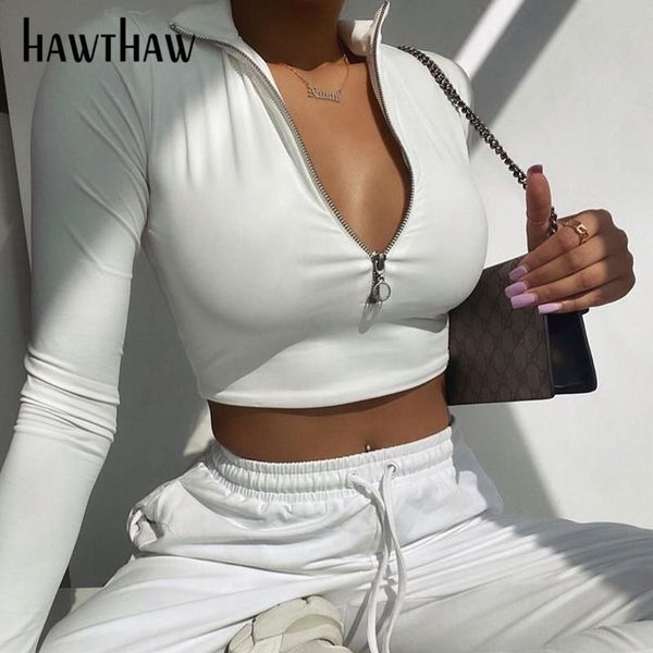 women's t-shirt hawthaw women fashion autumn winter long sleeve zipper slim soild color female short t shirt 2021 fall clothes streetw, White 
women's t-shirt hawthaw women fashion autumn winter long sleeve zipper slim soild color female short t shirt 2021 fall clothes streetw, White