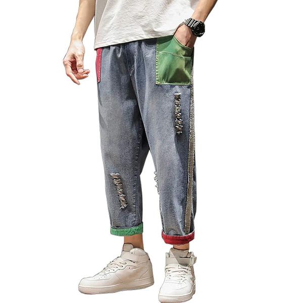 fashion cartoon graffiti print spliced loose mens korean blue jeans pants high waist straight pants bf harajuku streetwear jeans