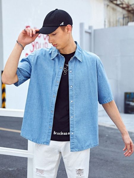 men solid snap button up denim shirt u79a#, Blue 
men solid snap button up denim shirt u79a#, Blue