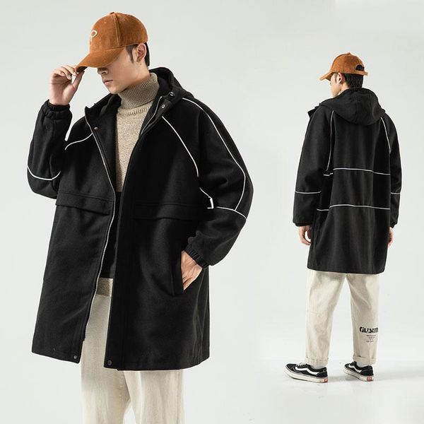 men's wool & blends coat hooded windbreaker woolen overcoat wear thick business casual jacket long trend reflective strip oversized m-5, Black
men's wool & blends coat hooded windbreaker woolen overcoat wear thick business casual jacket long trend reflective strip oversized m-5, Black