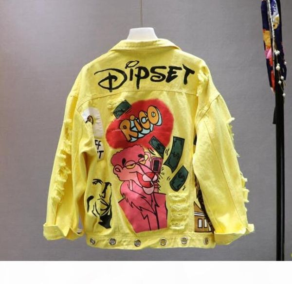 harajuku pink yellow denim jacket women graffiti ripped holes jeans jackets new students basic coats outfit, Black;brown
harajuku pink yellow denim jacket women graffiti ripped holes jeans jackets new students basic coats outfit, Black;brown