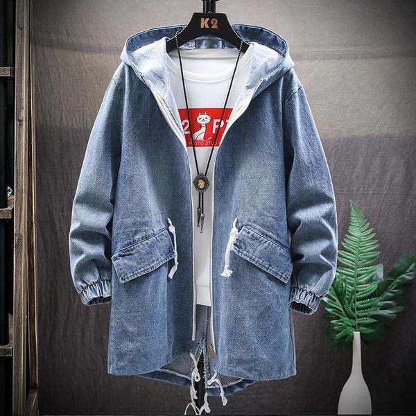 denim men trench coat long plus size hooded windbreaker mens autumn winter loose casual jacket fashion manteaux men coats kk60fy 201116, Black;brown