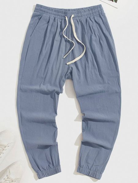 men drawstring waist solid pants p3er#, Black