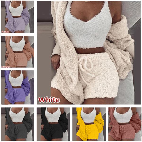 3pcs/set winter fleece pajamas set women homewear long sleeve coat outwear + sleeveless vest + shorts 3 piece outfits soft plush tracksuit, White
3pcs/set winter fleece pajamas set women homewear long sleeve coat outwear + sleeveless vest + shorts 3 piece outfits soft plush tracksuit, White