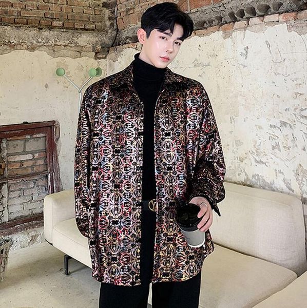 shiny glossy shirt men shirt cardigan camisa masculina teenage fashion loose shirts mens glitter print b4641, White;black 
shiny glossy shirt men shirt cardigan camisa masculina teenage fashion loose shirts mens glitter print b4641, White;black
