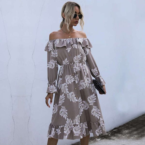 long off the shoulder fall 2020 sleeve printed high and thin dress for women, Black;gray
long off the shoulder fall 2020 sleeve printed high and thin dress for women, Black;gray