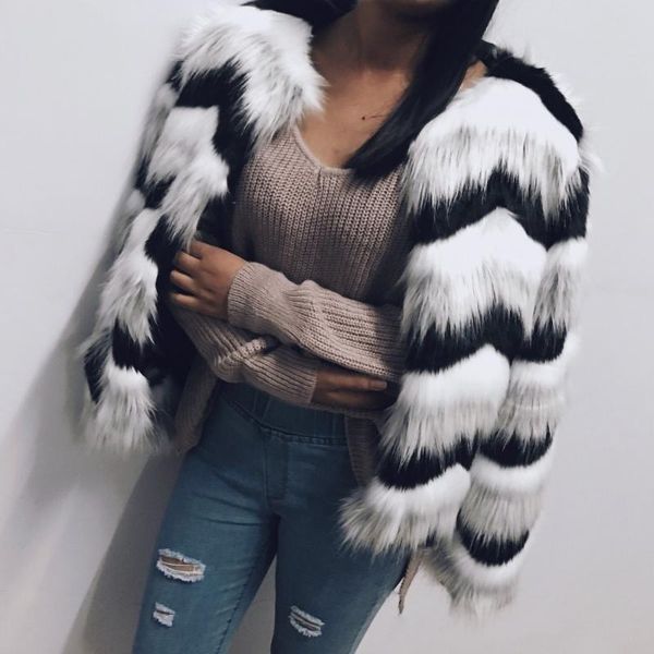 women's fur & faux striped coat long sleeve winter warm night club party fashion celebrity short, Black
women's fur & faux striped coat long sleeve winter warm night club party fashion celebrity short, Black