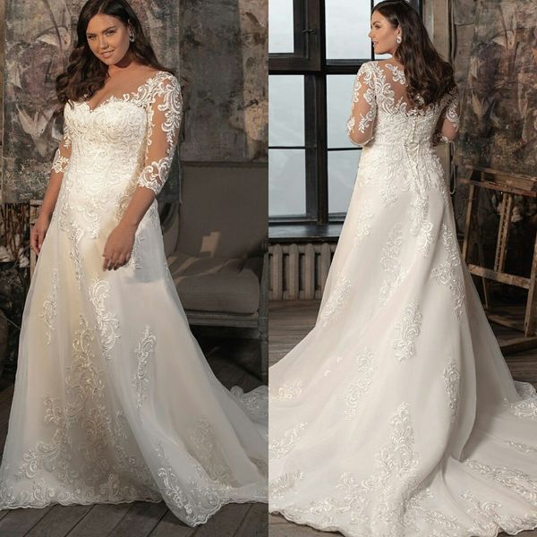 a line wedding dresses plus size lace applique bridal dress custom made sweep train wedding gowns, White
a line wedding dresses plus size lace applique bridal dress custom made sweep train wedding gowns, White