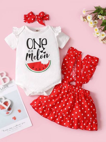 baby slogan and watermelon print ruffle trim bodysuit & polka dot print suspender skirt with headband she, White
baby slogan and watermelon print ruffle trim bodysuit & polka dot print suspender skirt with headband she, White