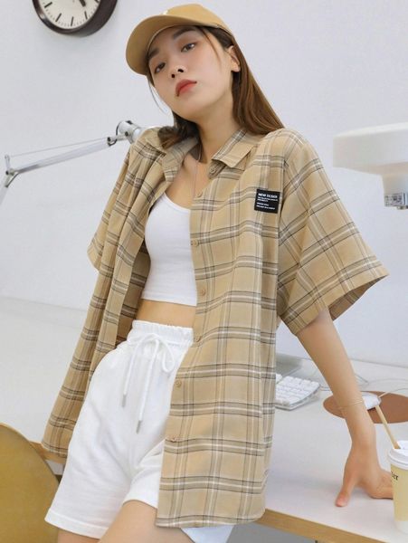 dazy tartan print letter patched blouse l5jn#, White 
dazy tartan print letter patched blouse l5jn#, White