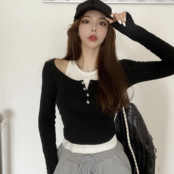 fall 2020 new off shoulder long sleeve color contrast fake two t-shirt slim short bottomed shirt for women
fall 2020 new off shoulder long sleeve color contrast fake two t-shirt slim short bottomed shirt for women