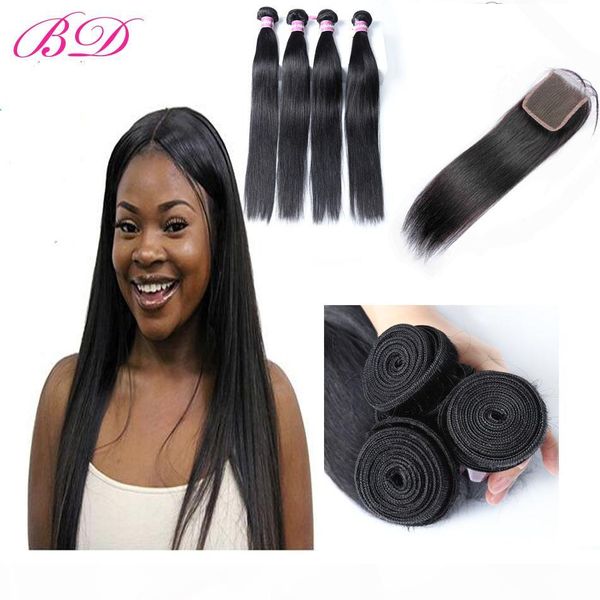 bd 3 bundles with closure peruvian virgin straight human hair extension peruvian human hair weave with closure and get a gift, Black;brown