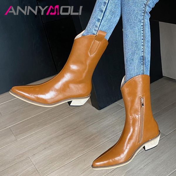 annymoli pointed toe mid heel western boots women real leather mid calf boots chunky heel shoes zip female brown size 40, Black
annymoli pointed toe mid heel western boots women real leather mid calf boots chunky heel shoes zip female brown size 40, Black