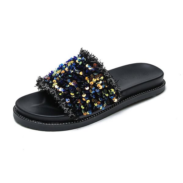 2021 new red net summer woman's sequins wear thick bottomless sandals slippers xtrc, Black
2021 new red net summer woman's sequins wear thick bottomless sandals slippers xtrc, Black