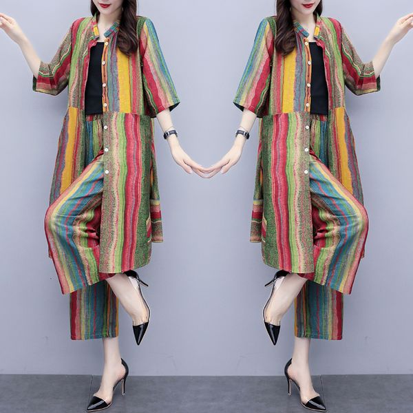 female striped piece pantalon et haut femme cardigan and women's wide pants sets j0e9, White 
female striped piece pantalon et haut femme cardigan and women's wide pants sets j0e9, White