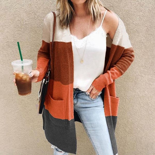 women long sleeve cardigan color block striped knitted sweater coat loose open front ribbed trim outwear with pockets1, White
women long sleeve cardigan color block striped knitted sweater coat loose open front ribbed trim outwear with pockets1, White