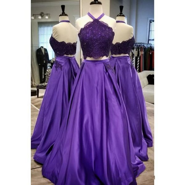 two piece purple a line prom dresses halter neck beaded lace applique floor lengt formal dress evening party gowns ogstuff vestidos, Black
two piece purple a line prom dresses halter neck beaded lace applique floor lengt formal dress evening party gowns ogstuff vestidos, Black