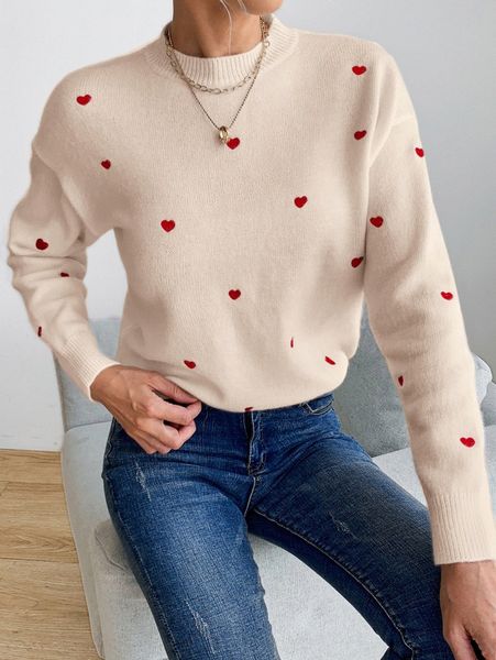 mock neck heart pattern drop shoulder sweater a9pe#, White 
mock neck heart pattern drop shoulder sweater a9pe#, White