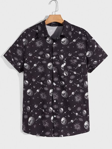 romwe guys planet graphic button front pocket shirt j1s4#, White;black