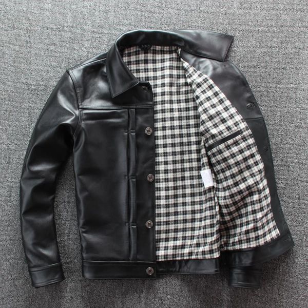 2020 men's japanese vintage style calf skin jacket slim short real leather coat men single breasted denim shirt design1, Black
2020 men's japanese vintage style calf skin jacket slim short real leather coat men single breasted denim shirt design1, Black