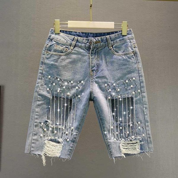 knee length beaded women jeans summer new solid high waist straight high waist casual all match female jeans quality, Blue
knee length beaded women jeans summer new solid high waist straight high waist casual all match female jeans quality, Blue