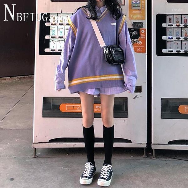 2020 fashion spring korean contrast color women sets knitting vests and stripe blouses female sets1, White
2020 fashion spring korean contrast color women sets knitting vests and stripe blouses female sets1, White