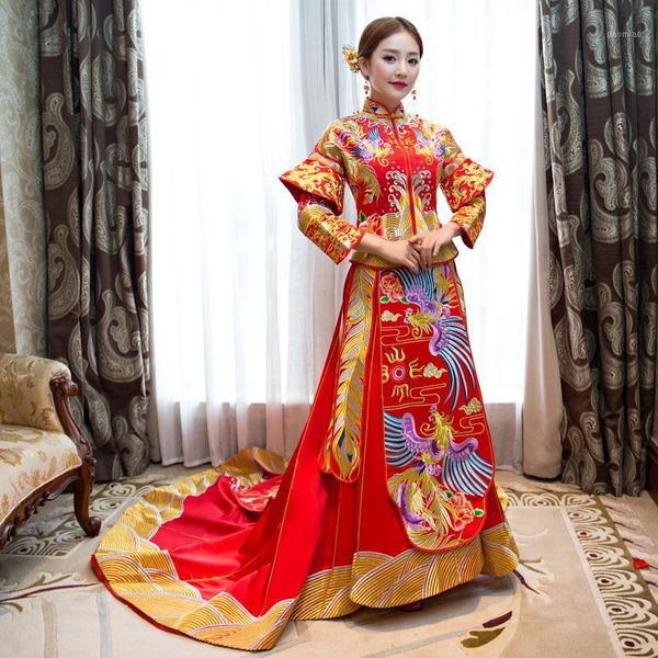 new show clothing dragon and phoenix gown large size chinese wedding dress bride women toast clothing cheongsam embroidery1, Red 
new show clothing dragon and phoenix gown large size chinese wedding dress bride women toast clothing cheongsam embroidery1, Red