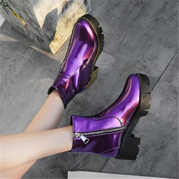 patent leather punk combat boots for women candy color purple yellow chunky thick heel, Black
patent leather punk combat boots for women candy color purple yellow chunky thick heel, Black
