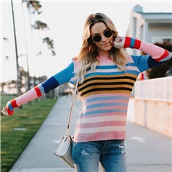 women's autumn and winter striped intermediate round pullover neck pullover sweater with rainbow bottom 3r8pa, White;black
women's autumn and winter striped intermediate round pullover neck pullover sweater with rainbow bottom 3r8pa, White;black