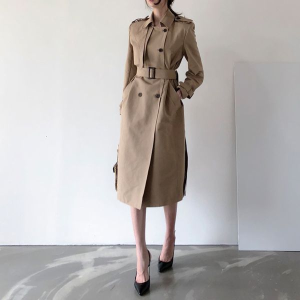women's jacket autumn new slimming over the knee long coat double-breasted lapel with belt pure color windbreaker, Tan;black
women's jacket autumn new slimming over the knee long coat double-breasted lapel with belt pure color windbreaker, Tan;black