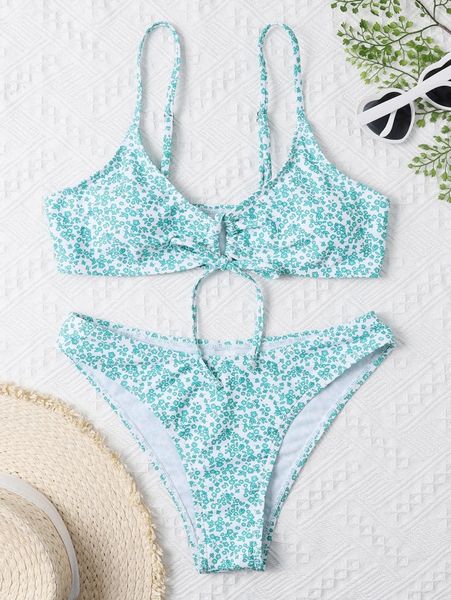 ditsy floral tie front bikini swimsuit j7q9#, White;black