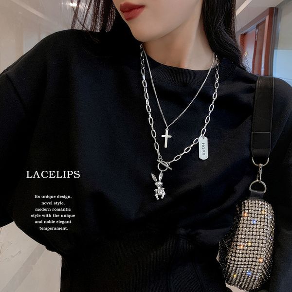 double necklaces cross rabbit pendant 2020 new long net red ins hip hop harajuku sweater chain, Silver