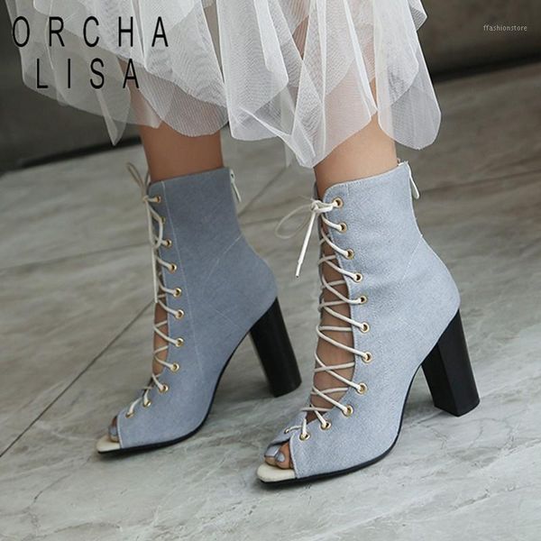 orcha lisa demin gladiator shoes peep toe jeans high thick heel boots cut-outs summer sandal boots cross tied footwear size 461, Black
orcha lisa demin gladiator shoes peep toe jeans high thick heel boots cut-outs summer sandal boots cross tied footwear size 461, Black
