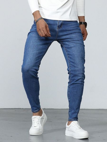 men solid washed tapered jeans p0fv#, Blue