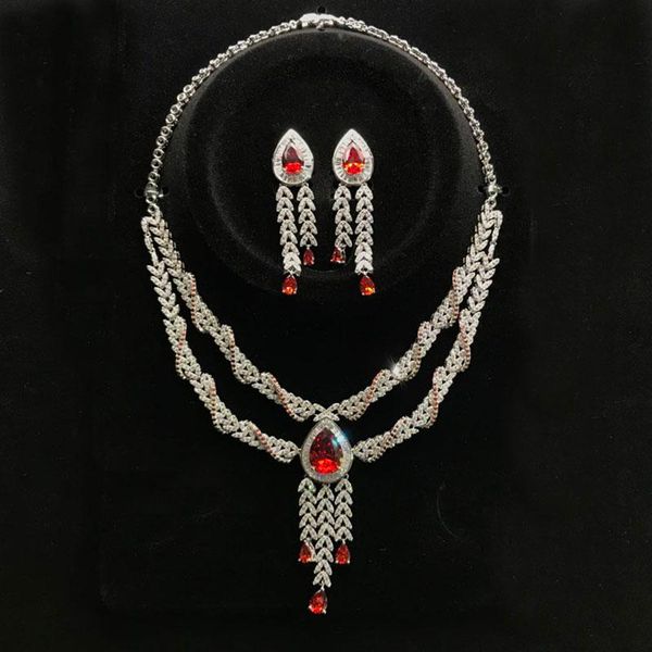water drop big crystal red cz necklace earring women luxury wedding jewellery sets for brides, Silver
water drop big crystal red cz necklace earring women luxury wedding jewellery sets for brides, Silver