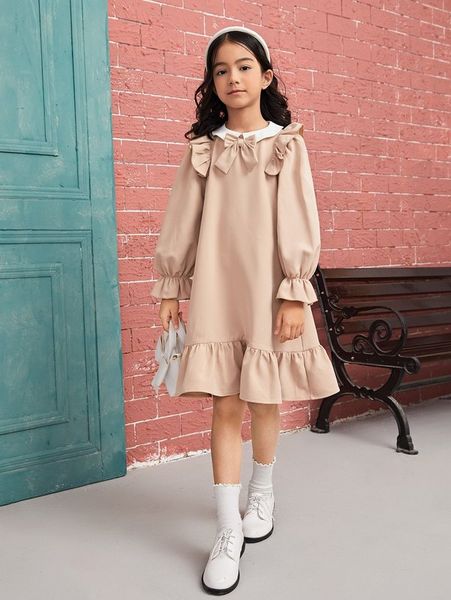 girls ruffle trim bow front flounce sleeve dress she, Red;yellow